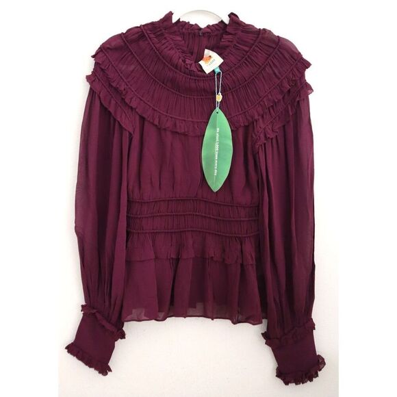 Farm Rio 315975 Women's Sz XS Burgundy Long Sleeve Ruffled Peplum Top - Picture 1 of 9